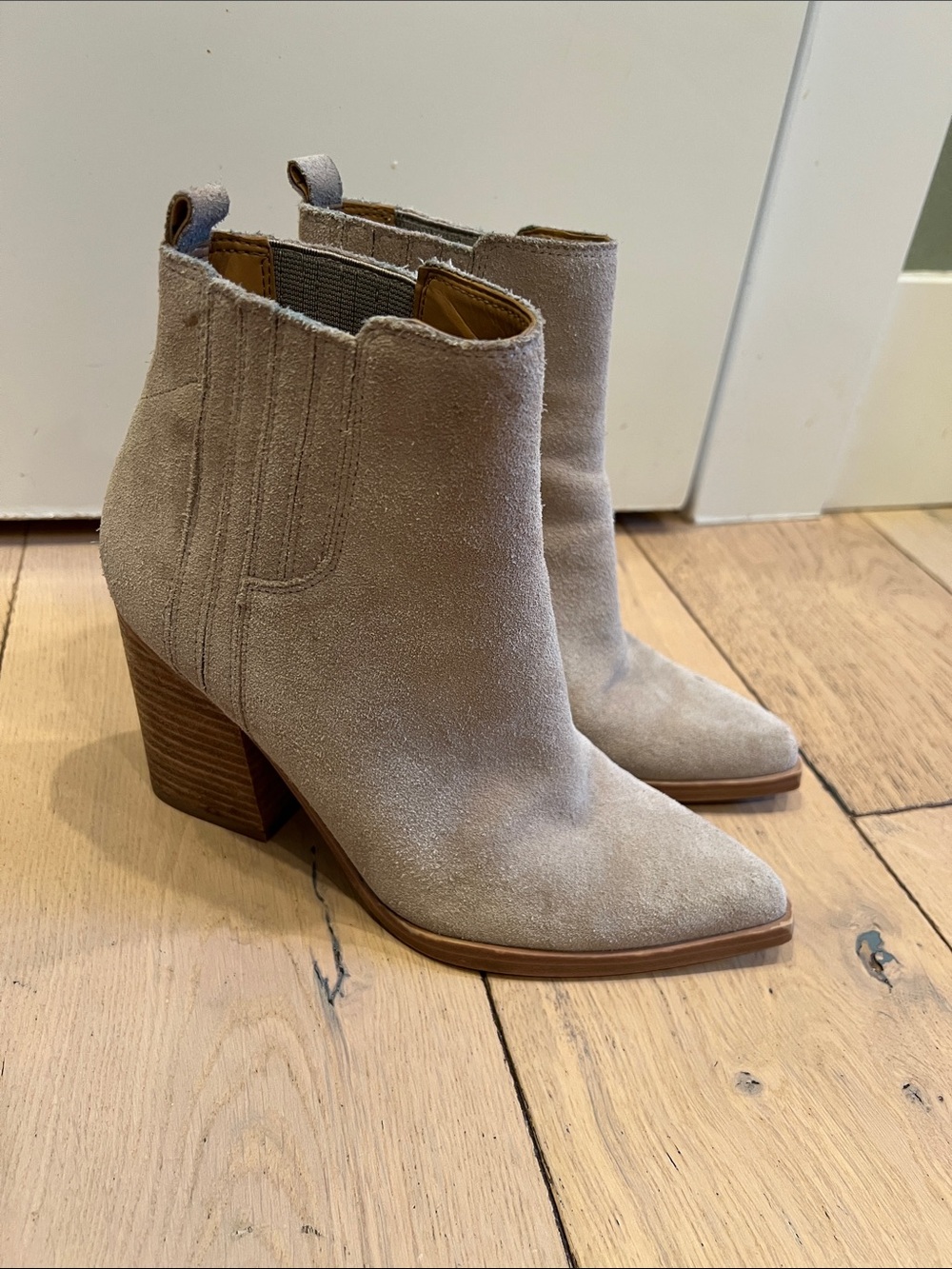 Marc Fisher Taupe Suede Pointed-Toe Block Heel Ankle Boots